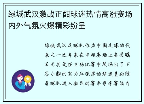 绿城武汉激战正酣球迷热情高涨赛场内外气氛火爆精彩纷呈