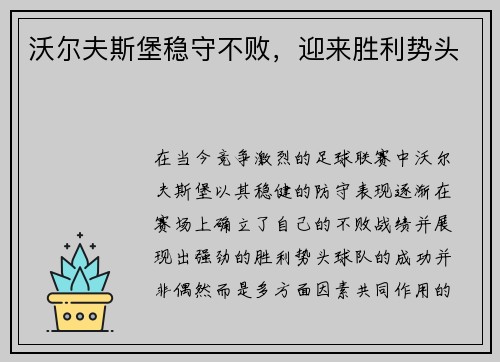 沃尔夫斯堡稳守不败，迎来胜利势头