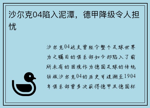 沙尔克04陷入泥潭，德甲降级令人担忧